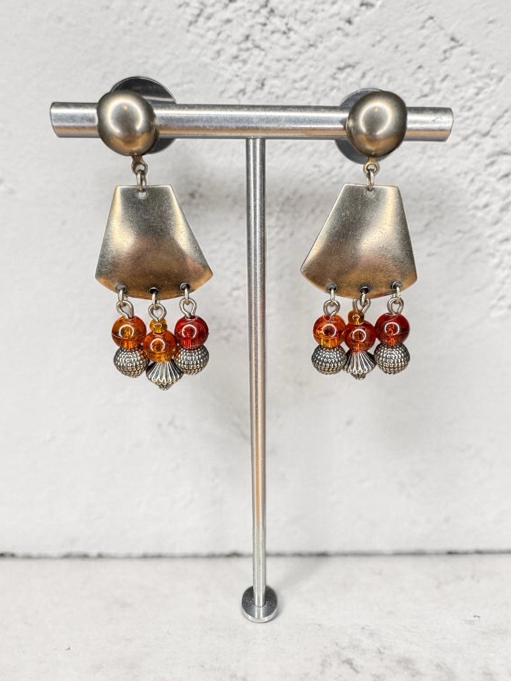 Tribal Silver-Tone Geometric Drop Earrings with Amber Beads - SKU B